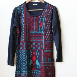 Sweater Dress Global Desi Aztec Long Sleeve Midi BOHO Blue Red Birds